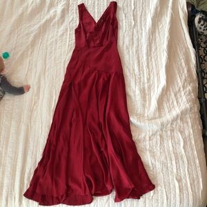 Floor length silky red dress